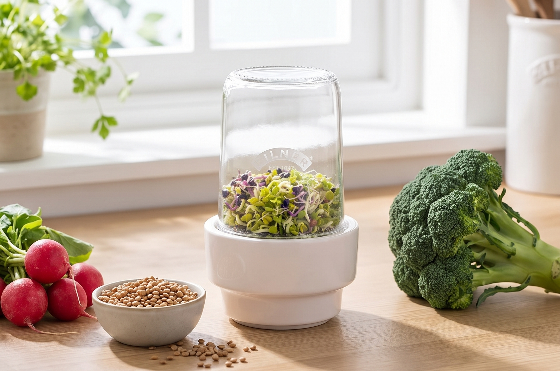 Kilner 0.5L Sprouting Set Glass Jar with Stainless Steel Lid Ceramic Base & Recipe Booklet Ideal for Growing Broccoli Beans Radish Lentils BPA-Free Sustainable Dishwasher Safe