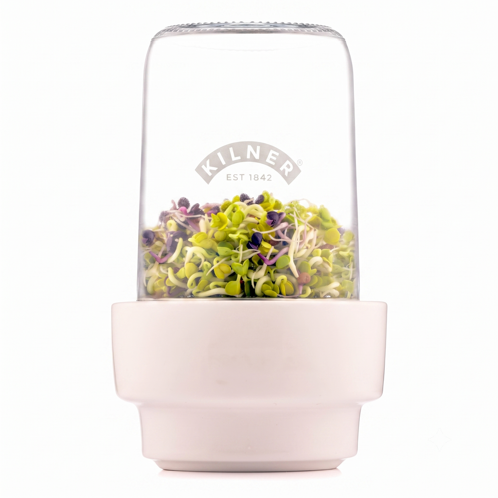 Kilner 0.5L Sprouting Set Glass Jar with Stainless Steel Lid Ceramic Base & Recipe Booklet Ideal for Growing Broccoli Beans Radish Lentils BPA-Free Sustainable Dishwasher Safe