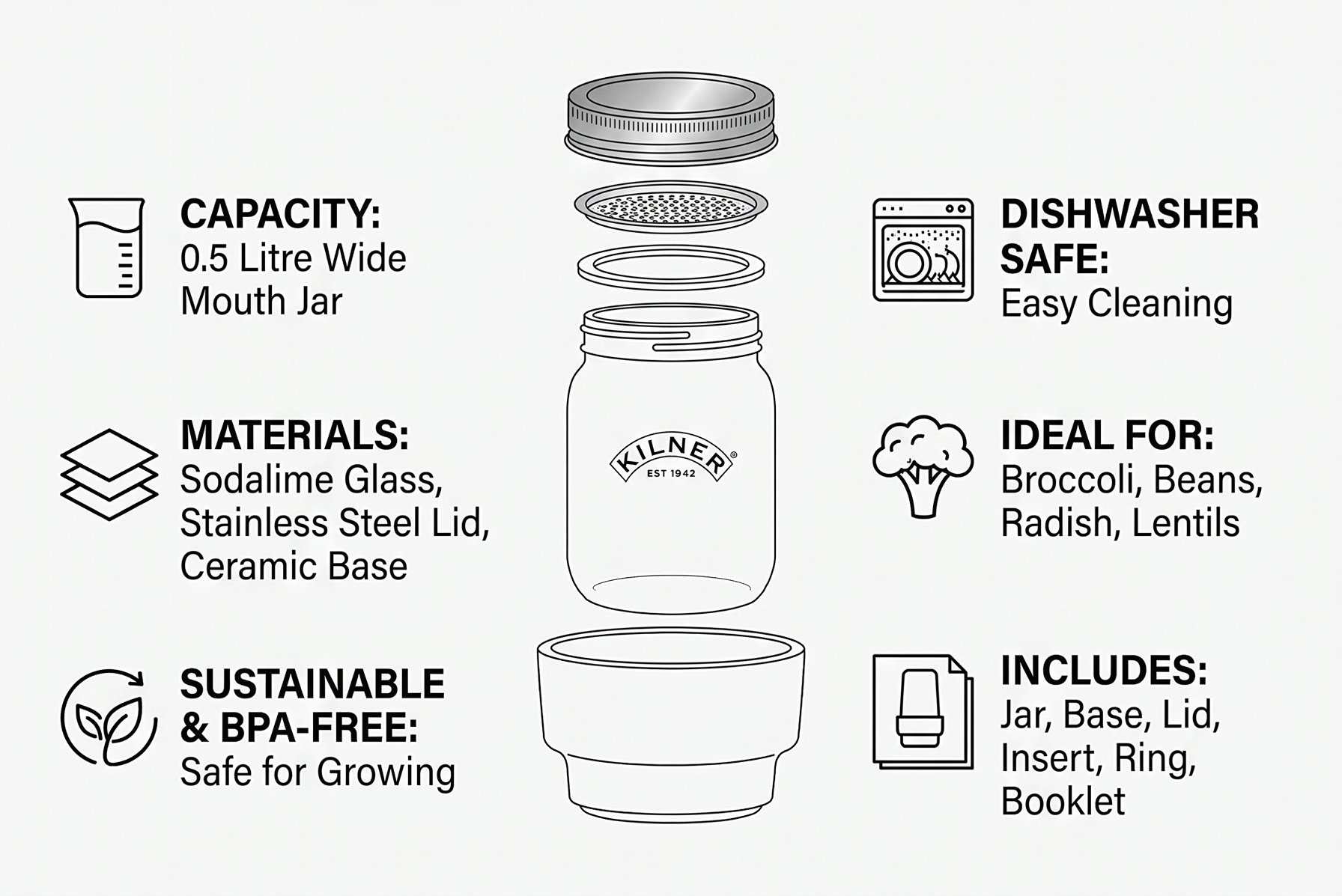 Kilner 0.5L Sprouting Set Glass Jar with Stainless Steel Lid Ceramic Base & Recipe Booklet Ideal for Growing Broccoli Beans Radish Lentils BPA-Free Sustainable Dishwasher Safe