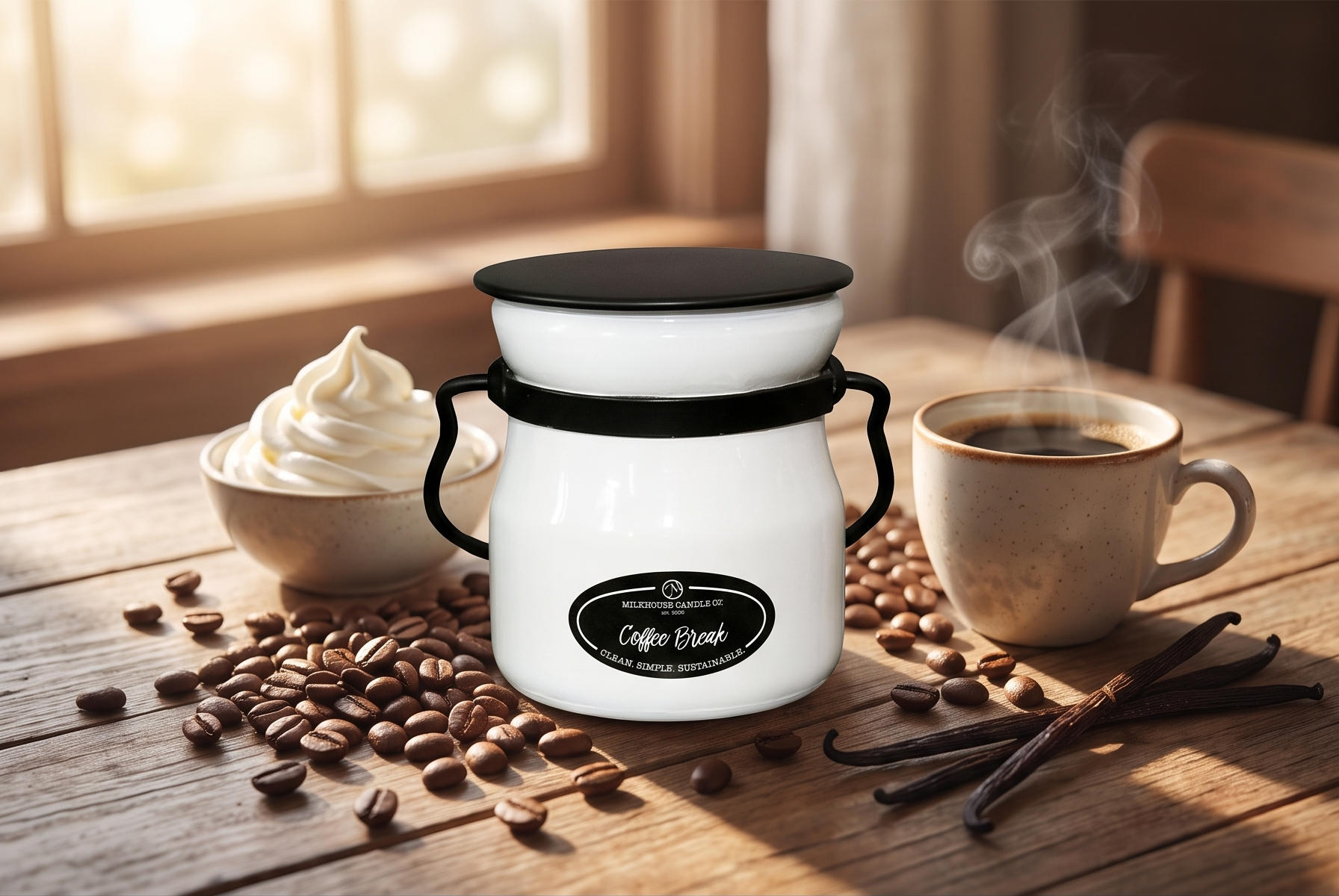 Milkhouse Candle Company Coffee Break Soy Candle - Fresh Brewed Coffee | Roasted Beans | Sweet Cream Scented - 5 oz Cream Jar with Lid, 35+ Hour Burn Time, Made in the USA