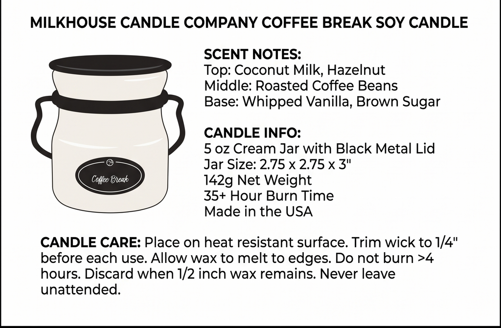 Milkhouse Candle Company Coffee Break Soy Candle - Fresh Brewed Coffee | Roasted Beans | Sweet Cream Scented - 5 oz Cream Jar with Lid, 35+ Hour Burn Time, Made in the USA