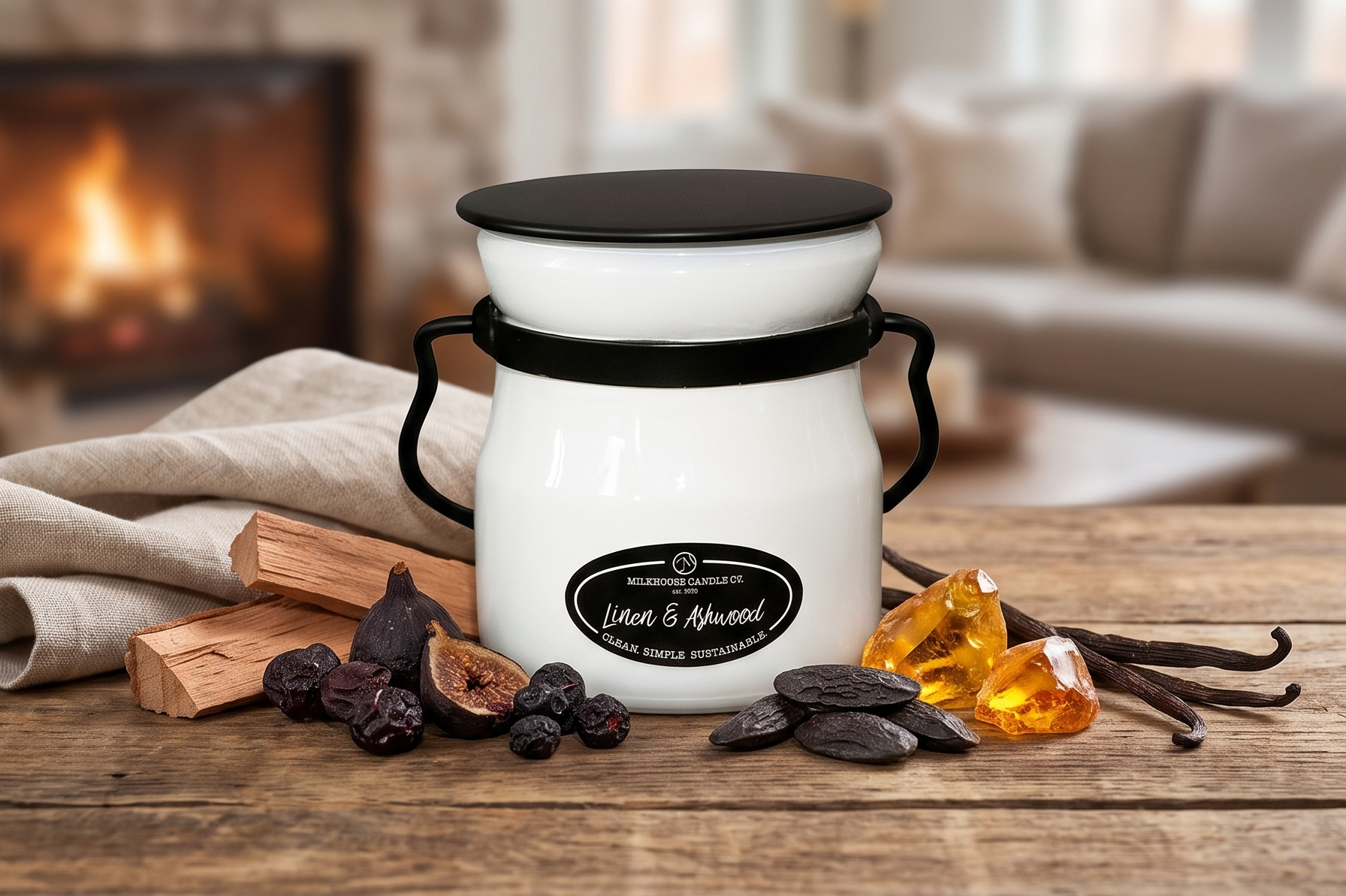 Milkhouse Candle Company Linen & Ashwood Soy Candle - Grey Musk | Dark Gilded Fruits | Tonka Bean & Amber Scented - 5 oz Cream Jar with Lid, 35+ Hour Burn Time, Made in the USA