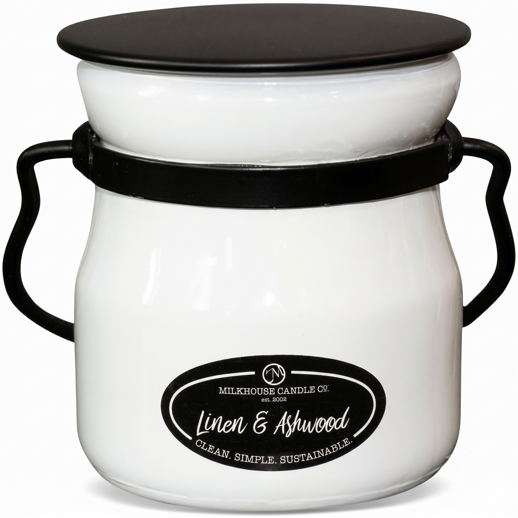 Milkhouse Candle Company Linen & Ashwood Soy Candle - Grey Musk | Dark Gilded Fruits | Tonka Bean & Amber Scented - 5 oz Cream Jar with Lid, 35+ Hour Burn Time, Made in the USA