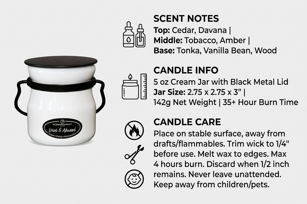 Milkhouse Candle Company Linen & Ashwood Soy Candle - Grey Musk | Dark Gilded Fruits | Tonka Bean & Amber Scented - 5 oz Cream Jar with Lid, 35+ Hour Burn Time, Made in the USA