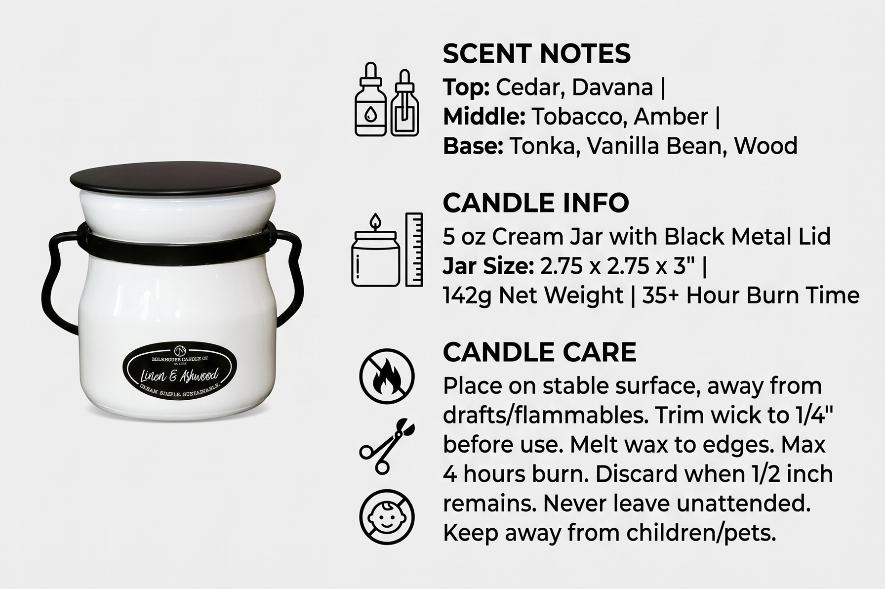 Milkhouse Candle Company Linen & Ashwood Soy Candle - Grey Musk | Dark Gilded Fruits | Tonka Bean & Amber Scented - 5 oz Cream Jar with Lid, 35+ Hour Burn Time, Made in the USA