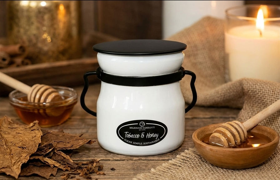 Milkhouse Candle Company Tobacco & Honey Soy Candle - Cashmere & Honey | Amber | Sandalwood Scented - 5 oz Cream Jar with Lid, 35+ Hour Burn Time, Made in the USA