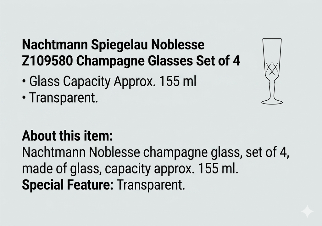 Nachtmann Spiegelau Noblesse Z109580 Champagne Glasses Set of 4 Glass Capacity Approx. ml Transparent