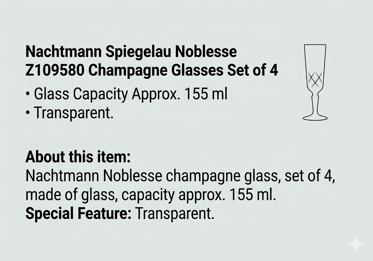 Nachtmann Spiegelau Noblesse Z109580 Champagne Glasses Set of 4 Glass Capacity Approx. ml Transparent