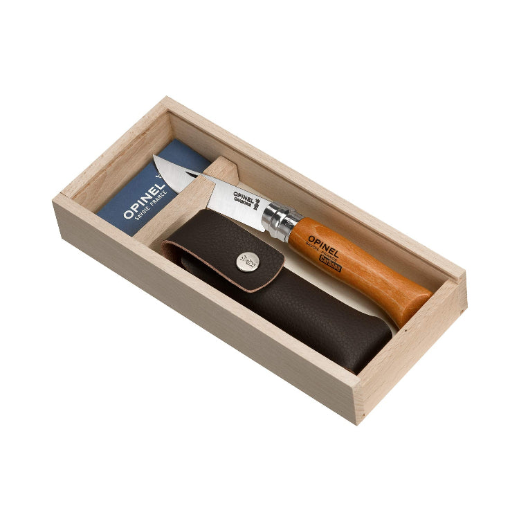 Opinel Carbon No. 8 Folding Pocket Knife with Sheath, Wooden Slide Gift Box