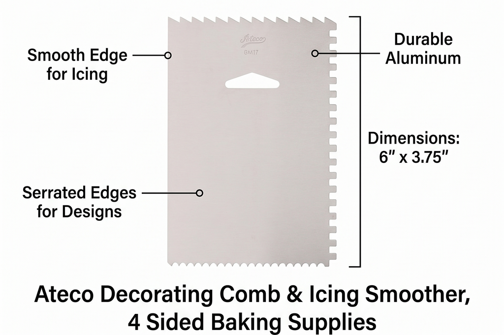 Ateco Decorating Comb & Icing Smoother, 4 Sided Baking Supplies, 6 x 3.75, Silver