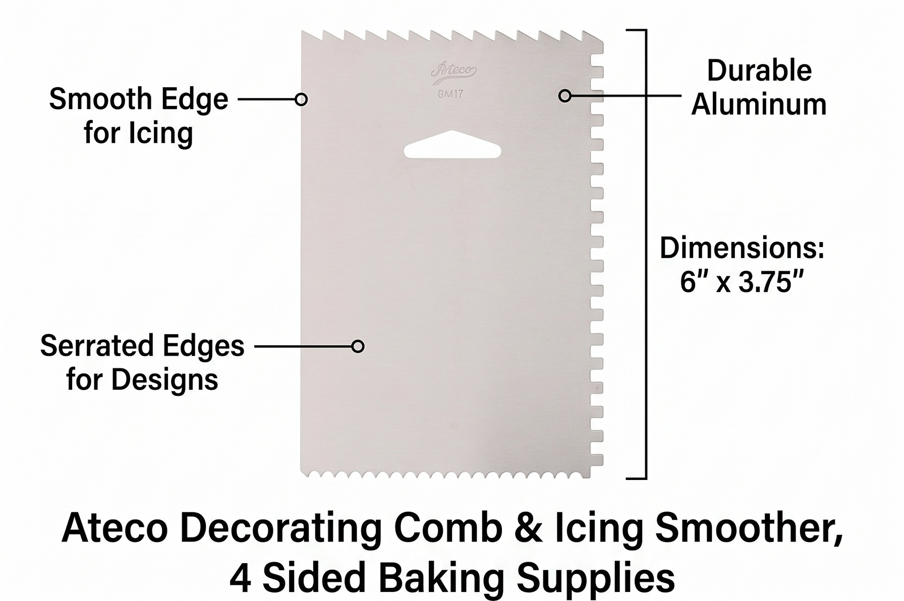 Ateco Decorating Comb & Icing Smoother, 4 Sided Baking Supplies, 6 x 3.75, Silver