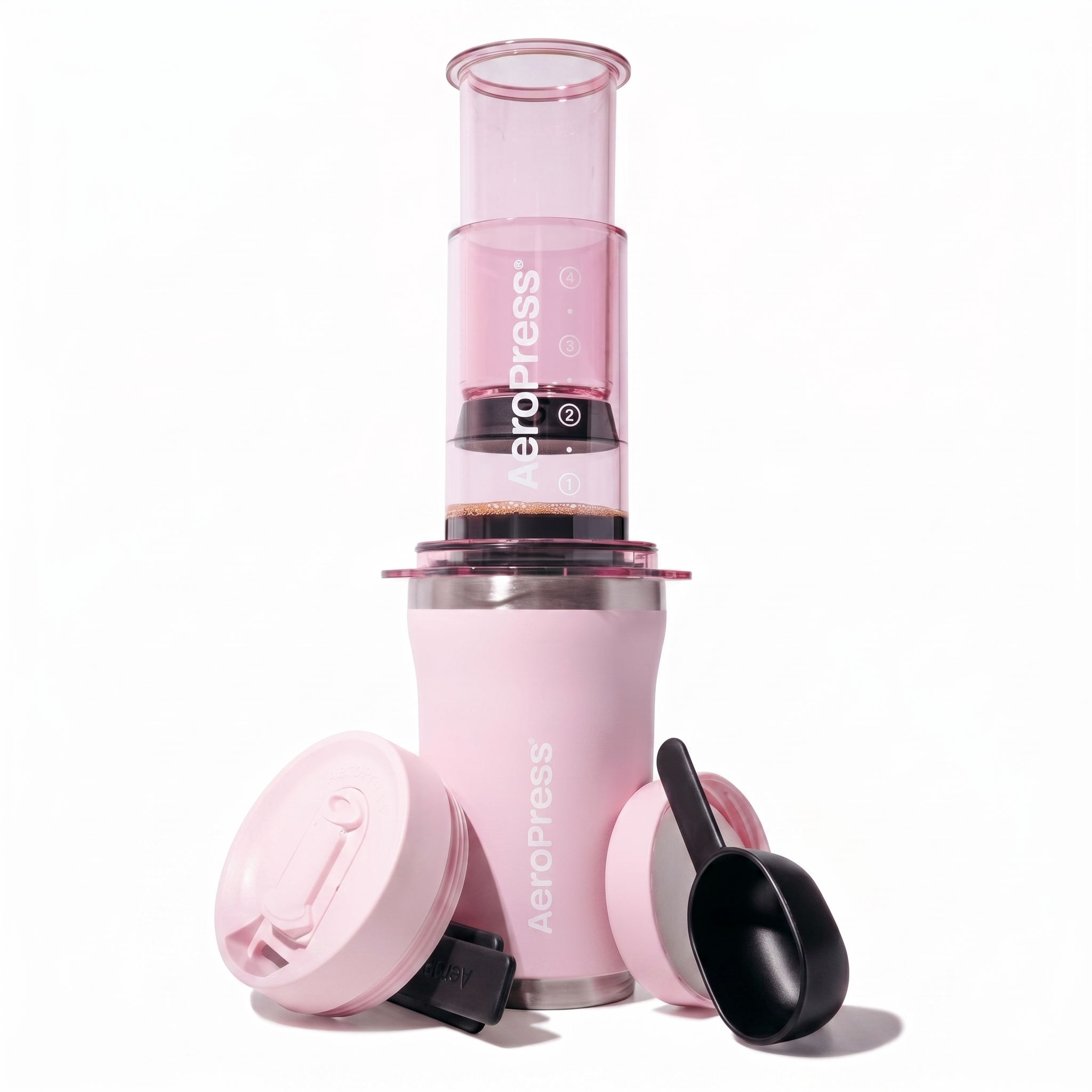 AeroPress Go Plus, Small Portable Coffee Maker Kit, Travel, Camping & Office, All-in-One French Press, Pour-Over & Espresso Style Manual Brewer, 2 Min Brew for Less Bitterness, More Flavor, Pink