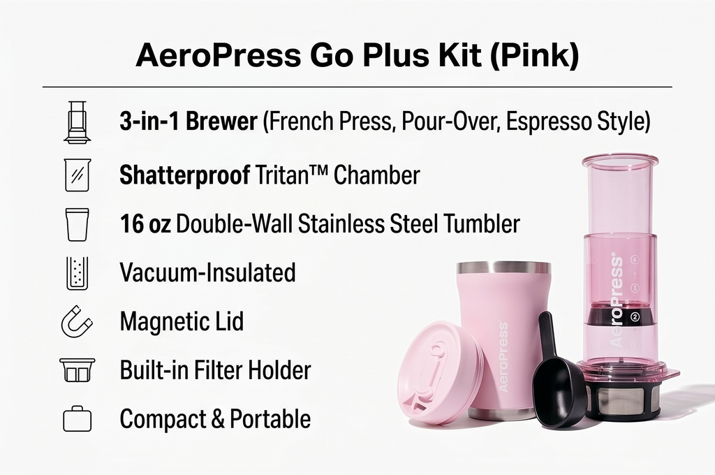 AeroPress Go Plus, Small Portable Coffee Maker Kit, Travel, Camping & Office, All-in-One French Press, Pour-Over & Espresso Style Manual Brewer, 2 Min Brew for Less Bitterness, More Flavor, Pink