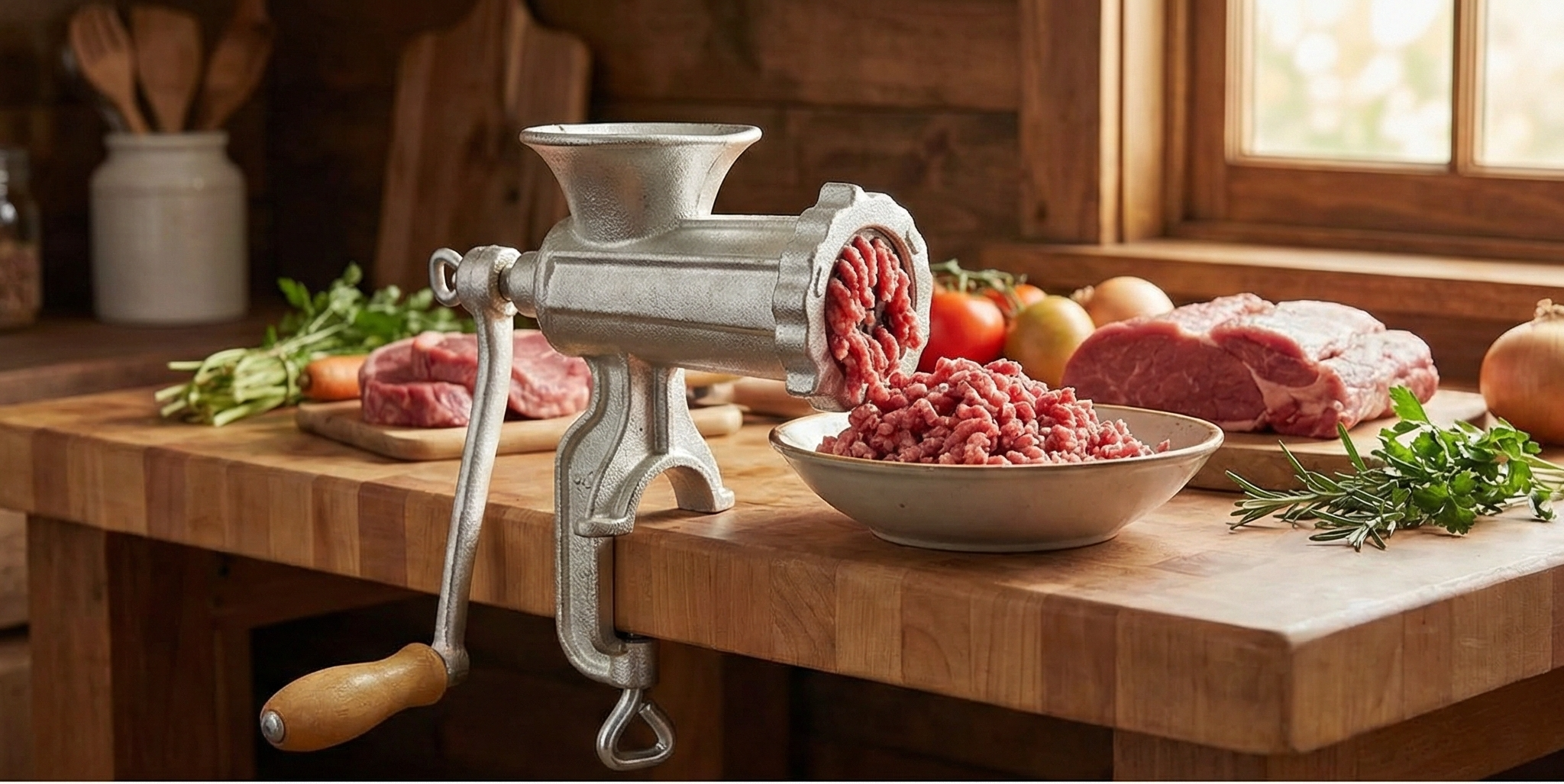 Meat Grinder w Tabletop Clamp & 2 Cutting Disks, Cast Iron Heavy Duty Sausage Maker & Manual Meat Mincer- Homemade Burger Patties, Ground Beef & More, Portable Holiday Cooking, Kitchen Essential Gift