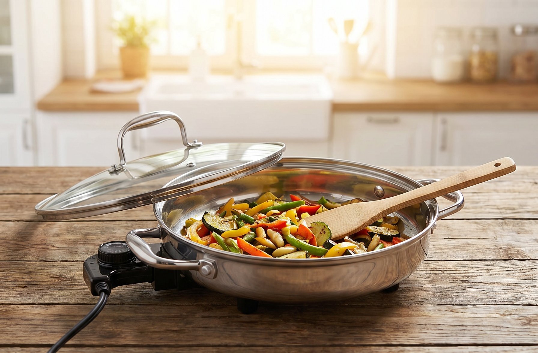Electric Skillet By Cucina Pro - 18/10 Stainless Steel Frying Pan with Tempered Glass Lid and Handles, 12" Round, Adjustable Temperature Control Knob, Portable and Includes Recipe Guide, Great Gift