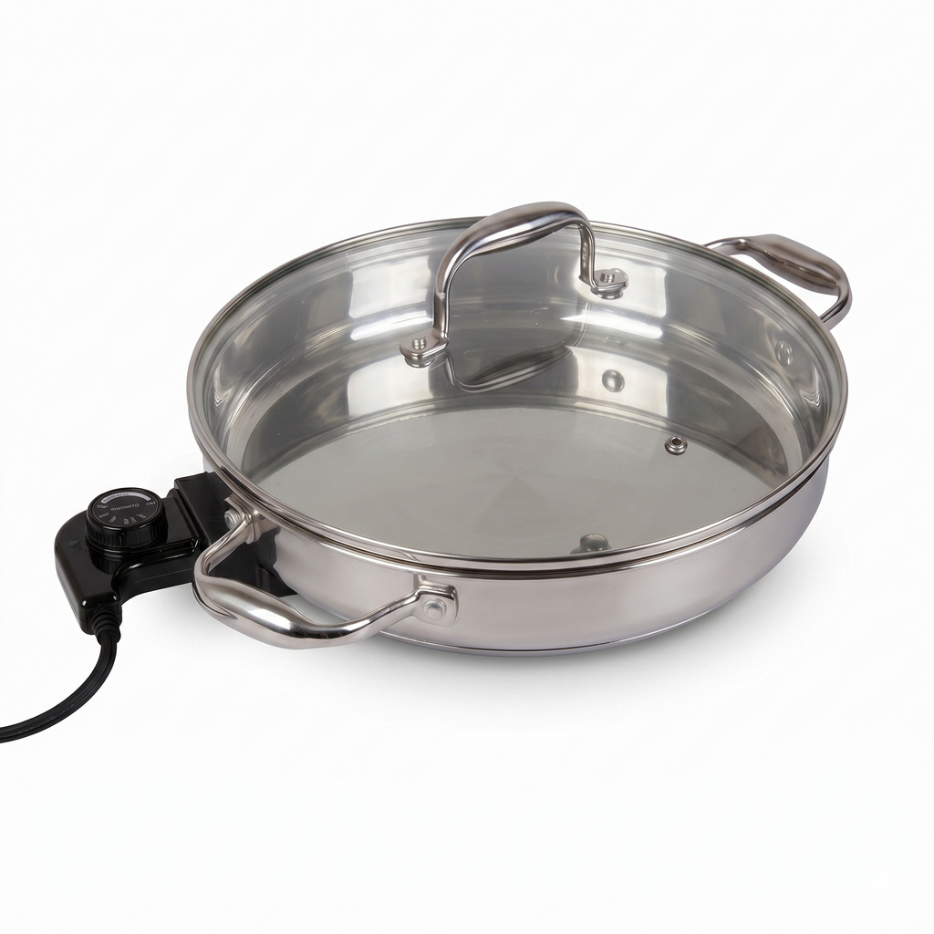 Electric Skillet By Cucina Pro - 18/10 Stainless Steel Frying Pan with Tempered Glass Lid and Handles, 12" Round, Adjustable Temperature Control Knob, Portable and Includes Recipe Guide, Great Gift