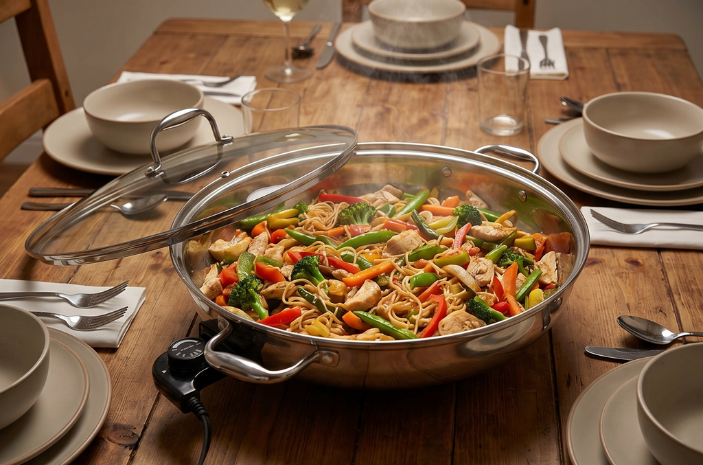 XL Electric 16" Skillet By CucinaPro- 18/10 Stainless Steel Frying Pan with Tempered Glass Lid and Handle, Round with Adjustable Temperature Control Probe, Portable, Includes Recipe Guide, Great Gift