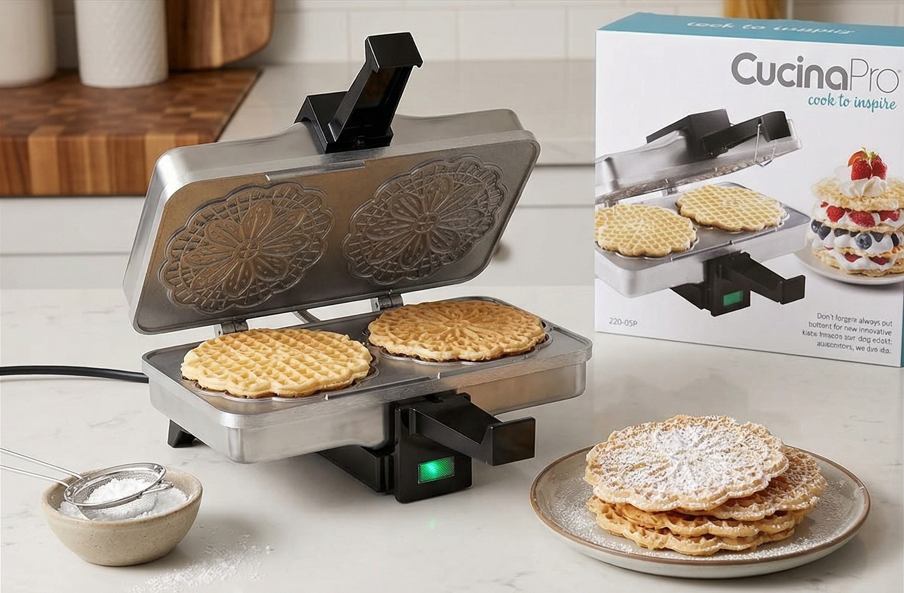 Pizzelle Maker- Polished Electric Baker Press Makes Two 5-Inch Cookies at Once, Even Heating Plates- Must Have Party Baking Supplies - Italian Easter Dessert Treat Making w Recipe Guide- Gift for Her