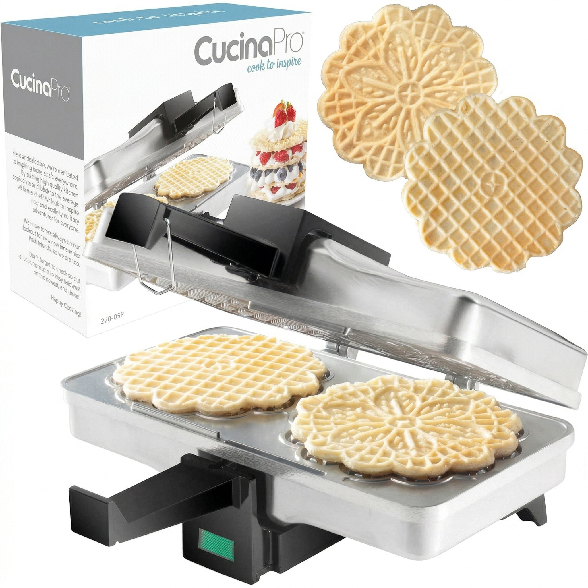 Pizzelle Maker- Polished Electric Baker Press Makes Two 5-Inch Cookies at Once, Even Heating Plates- Must Have Party Baking Supplies - Italian Easter Dessert Treat Making w Recipe Guide- Gift for Her