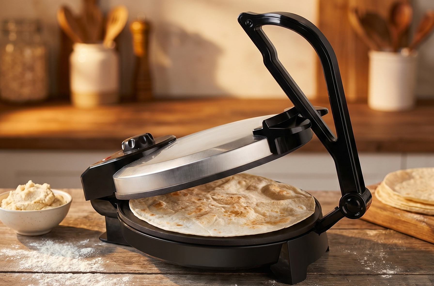 CucinaPro Electric Tortilla Maker - 10" Roti, Flatbread, Non-Stick Cooking Plates with Ready Light and Cord Wrap, Make Homemade Flour Tortillas, Chapati More- Easy to Use w Recipes, Fun for Party Meal