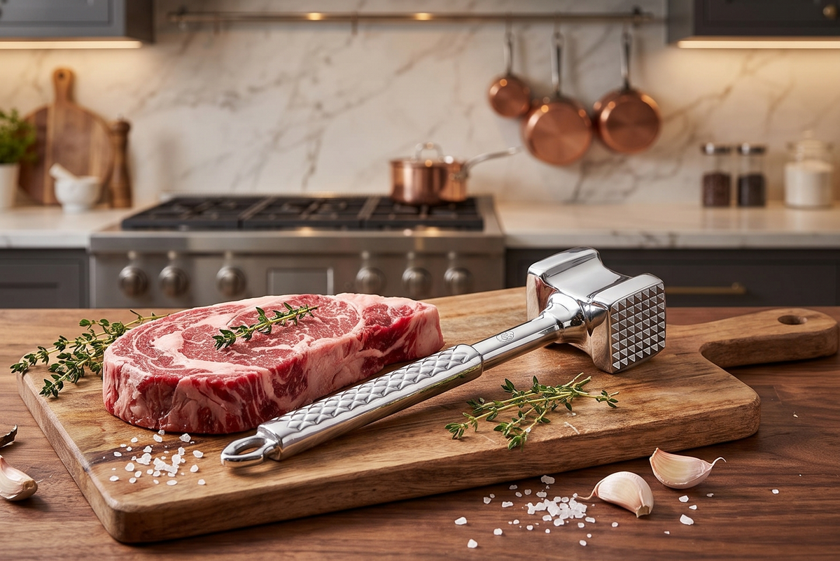 Stainless Steel Meat Tenderizer Tool, Premium Meat Mallet with Non-Slip Grip, Dual-sided Kitchen Mallet Ideal for Tenderizing Steak, Poultry & Chicken Cutlet, Dishwasher Safe with Lifetime Replacement