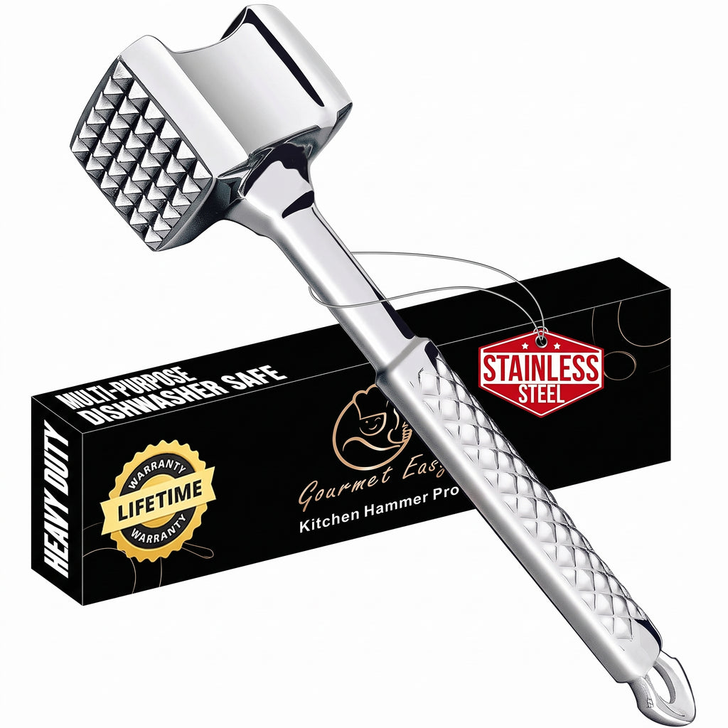 Stainless Steel Meat Tenderizer Tool, Premium Meat Mallet with Non-Slip Grip, Dual-sided Kitchen Mallet Ideal for Tenderizing Steak, Poultry & Chicken Cutlet, Dishwasher Safe with Lifetime Replacement