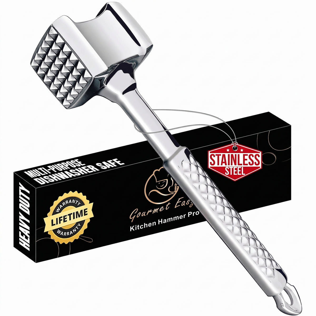 Stainless Steel Meat Tenderizer Tool, Premium Meat Mallet with Non-Slip Grip, Dual-sided Kitchen Mallet Ideal for Tenderizing Steak, Poultry & Chicken Cutlet, Dishwasher Safe with Lifetime Replacement