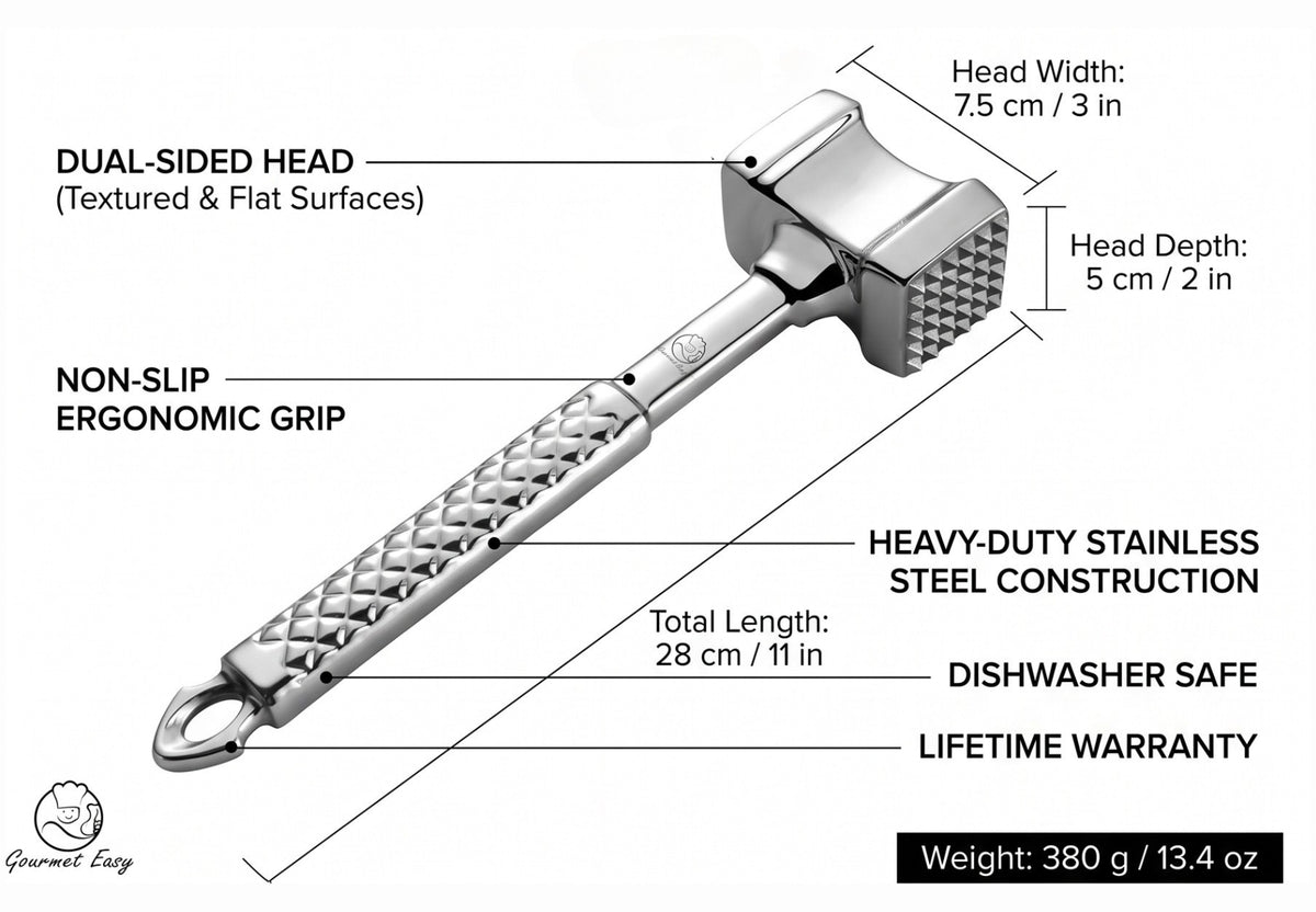 Stainless Steel Meat Tenderizer Tool, Premium Meat Mallet with Non-Slip Grip, Dual-sided Kitchen Mallet Ideal for Tenderizing Steak, Poultry & Chicken Cutlet, Dishwasher Safe with Lifetime Replacement