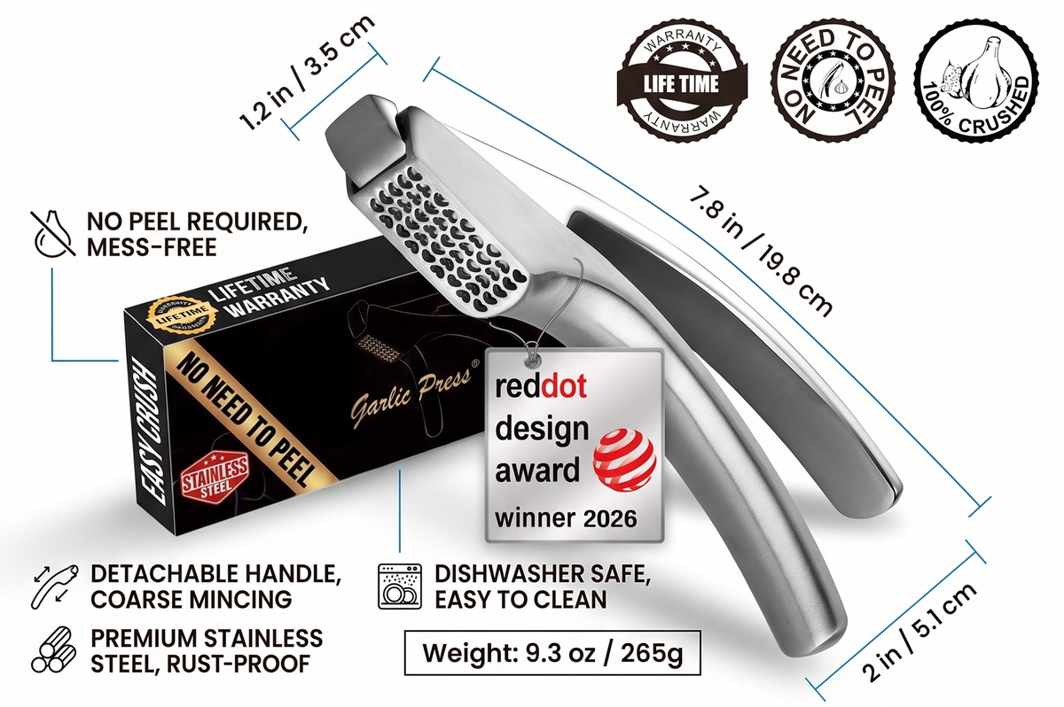 Lifetime Replacement Garlic Press Stainless Steel No Need to Peel, Detachable Handle for Coarse Mincing - Premium Garlic Mincer Tool, Rust-Proof, Easy to Clean, Dishwasher Safe Garlic Crusher