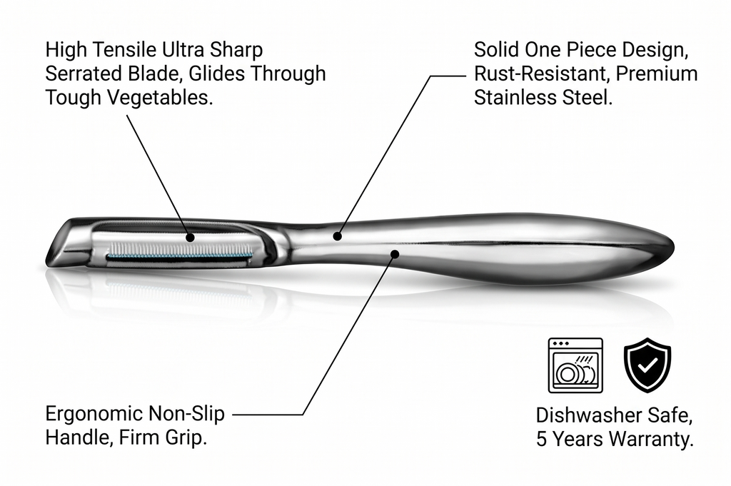 Vegetable Peeler, Premium Stainless Steel Potato Peeler, High Tensile Ultra Sharp Blade Fruit and Food Slicer, I Shaped with Ergonomic Non-Slip Handle, Dishwasher Safe with 5 Years Warranty