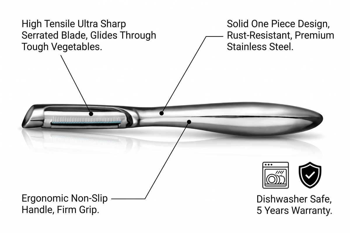 Vegetable Peeler, Premium Stainless Steel Potato Peeler, High Tensile Ultra Sharp Blade Fruit and Food Slicer, I Shaped with Ergonomic Non-Slip Handle, Dishwasher Safe with 5 Years Warranty