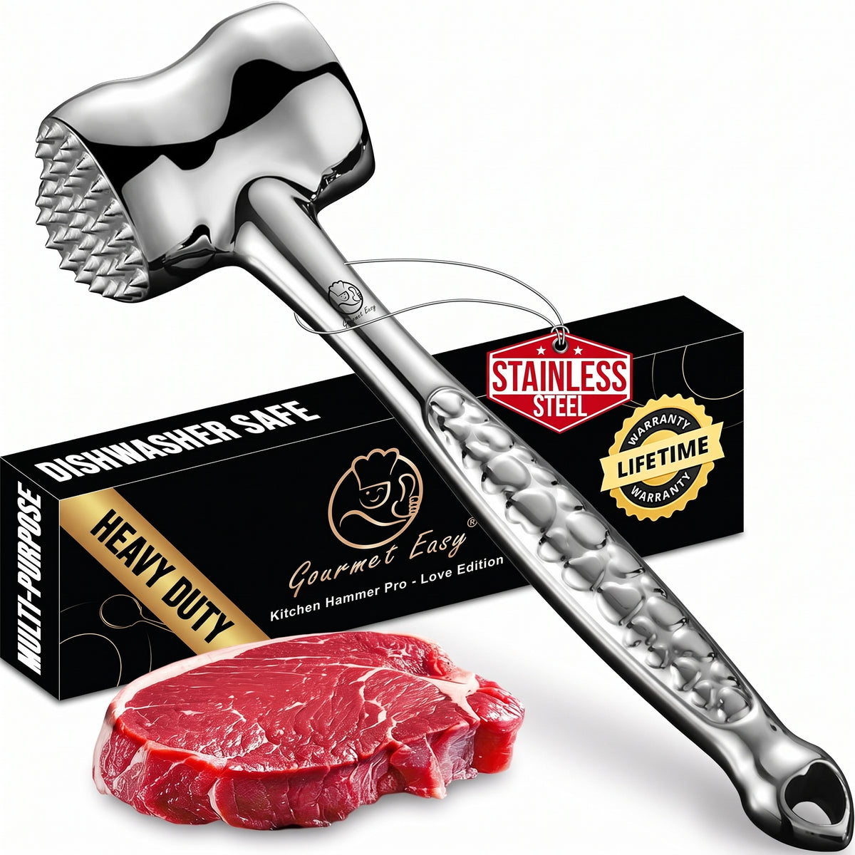 Stainless Steel Meat Tenderizer Tool, Premium Meat Mallet with Non-Slip Grip, Dual-Sided with Heart Shape Design for Tenderizing Steak, Poultry & Chicken Cutlet, Dishwasher Safe, Lifetime Replacement