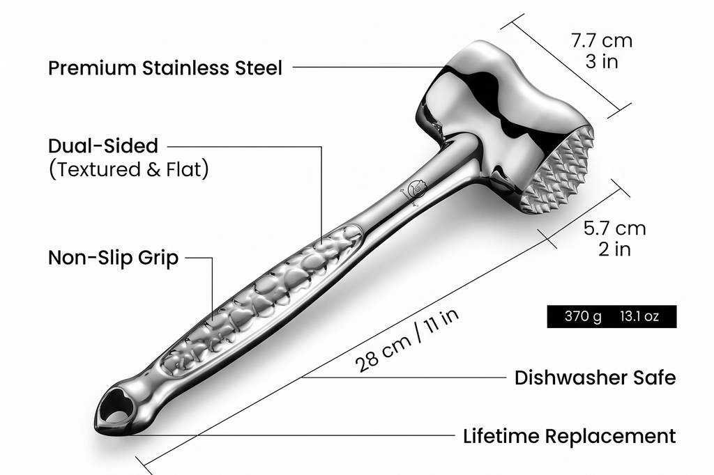 Stainless Steel Meat Tenderizer Tool, Premium Meat Mallet with Non-Slip Grip, Dual-Sided with Heart Shape Design for Tenderizing Steak, Poultry & Chicken Cutlet, Dishwasher Safe, Lifetime Replacement