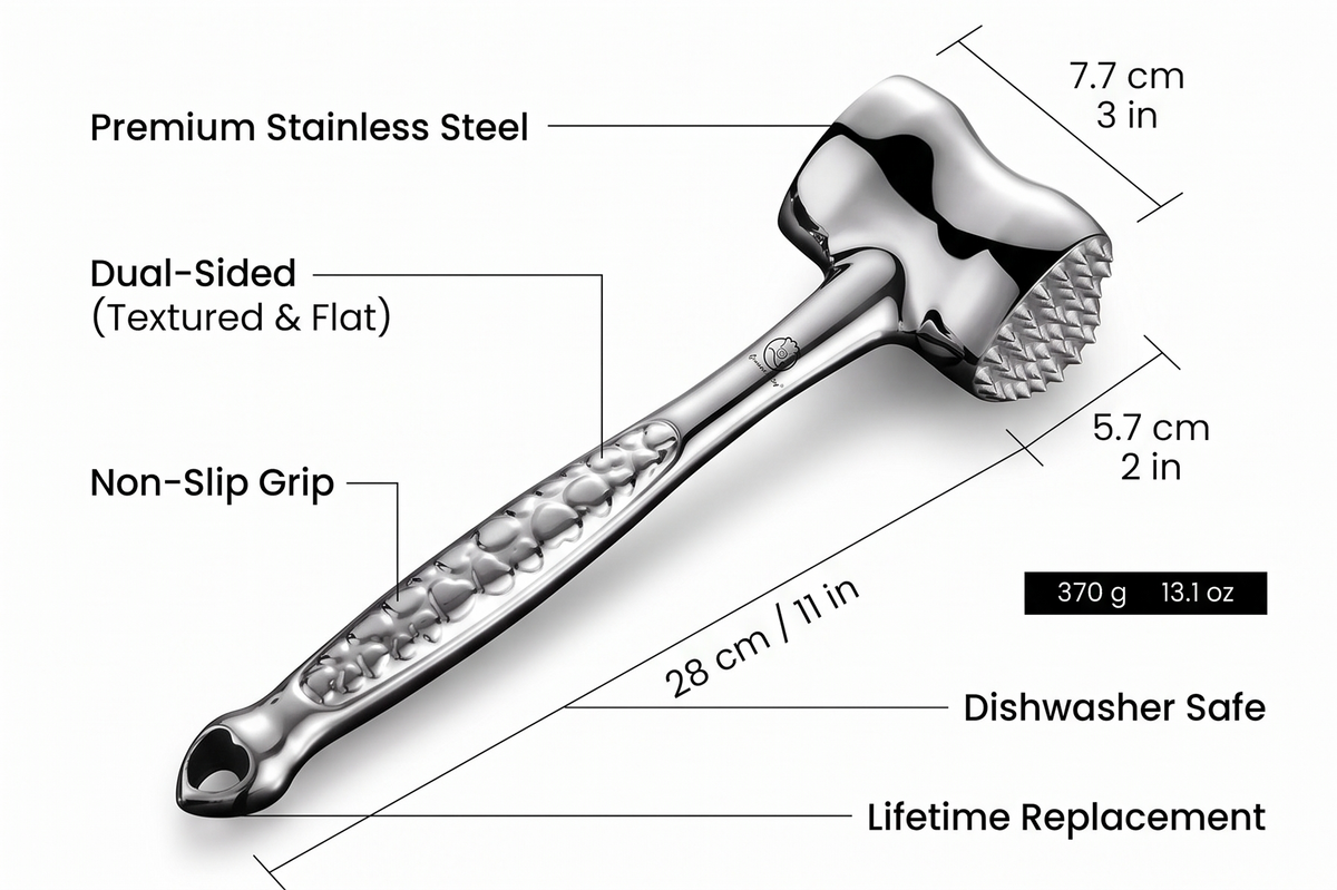 Stainless Steel Meat Tenderizer Tool, Premium Meat Mallet with Non-Slip Grip, Dual-Sided with Heart Shape Design for Tenderizing Steak, Poultry & Chicken Cutlet, Dishwasher Safe, Lifetime Replacement