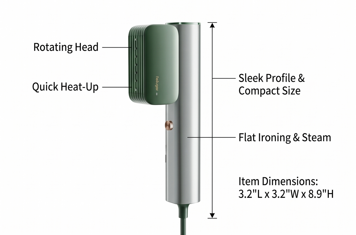Nesugar G2 Travel Garment Steamer - Handheld Garment Steamer for Instant Wrinkle Smoothing - Rotating Head - Quick Heat-Up - Sleek Profile - Compact Size - Flat Ironing - Green