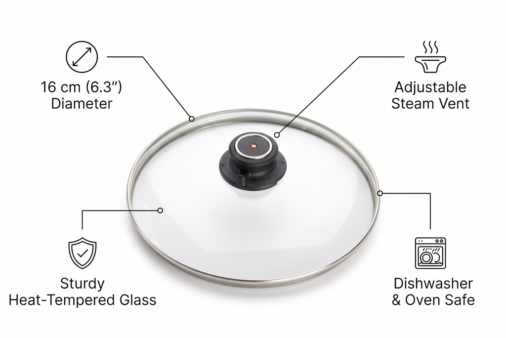 Swiss Diamond Heat-Tempered Glass Lid 6.3", Dishwasher Safe and Oven Safe