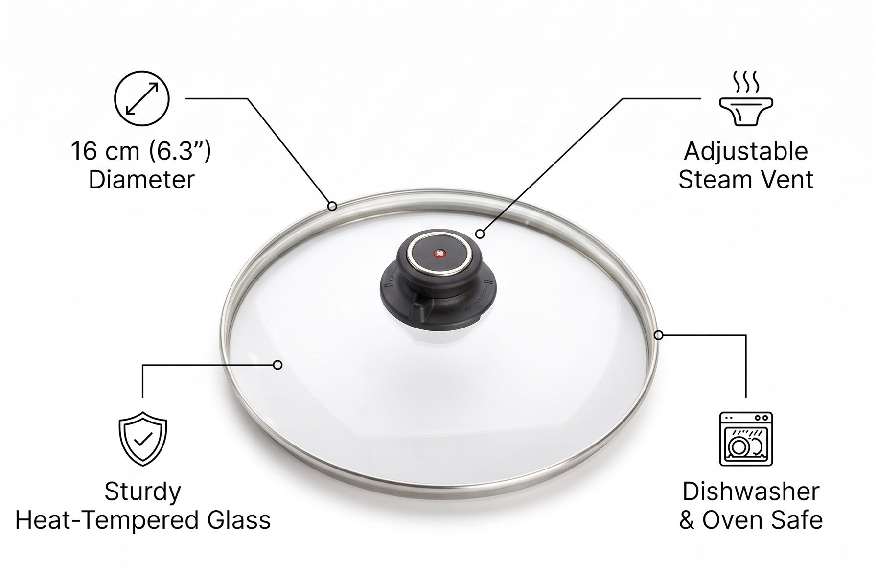 Swiss Diamond Heat-Tempered Glass Lid 6.3", Dishwasher Safe and Oven Safe
