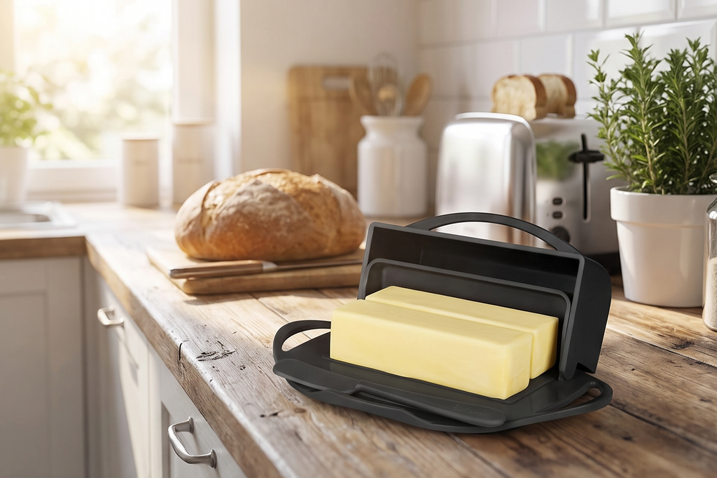 Butterie Flip Top Butter Dish with Attached Lid & Matching Knife - Holds 2 Sticks, Fits Kerrygold/European Butter - BPA Free & Dishwasher Safe - Black