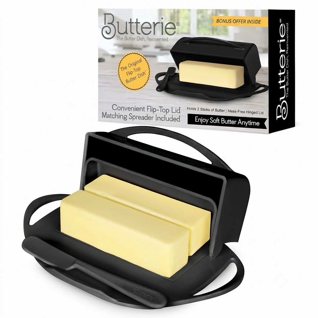 Butterie Flip Top Butter Dish with Attached Lid & Matching Knife - Holds 2 Sticks, Fits Kerrygold/European Butter - BPA Free & Dishwasher Safe - Black