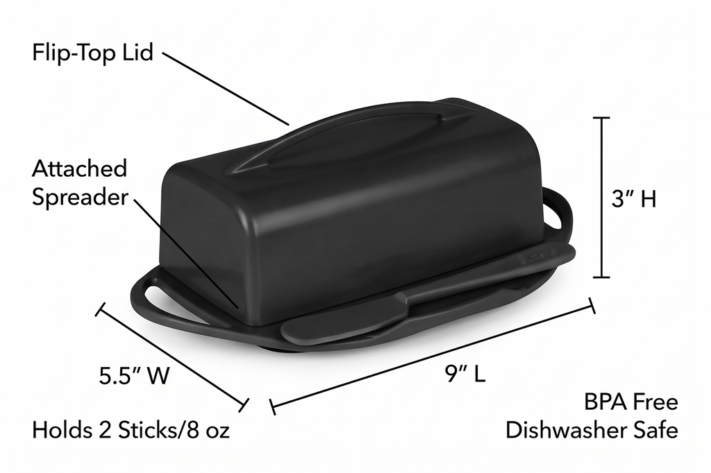 Butterie Flip Top Butter Dish with Attached Lid & Matching Knife - Holds 2 Sticks, Fits Kerrygold/European Butter - BPA Free & Dishwasher Safe - Black
