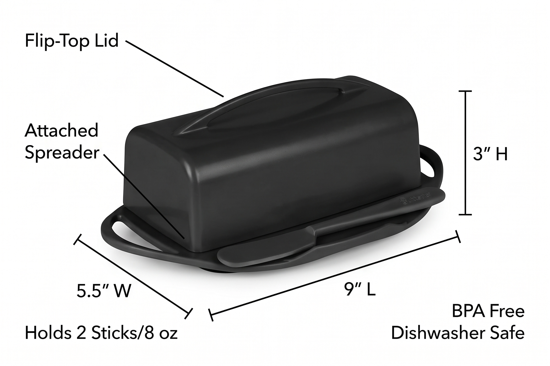 Butterie Flip Top Butter Dish with Attached Lid & Matching Knife - Holds 2 Sticks, Fits Kerrygold/European Butter - BPA Free & Dishwasher Safe - Black
