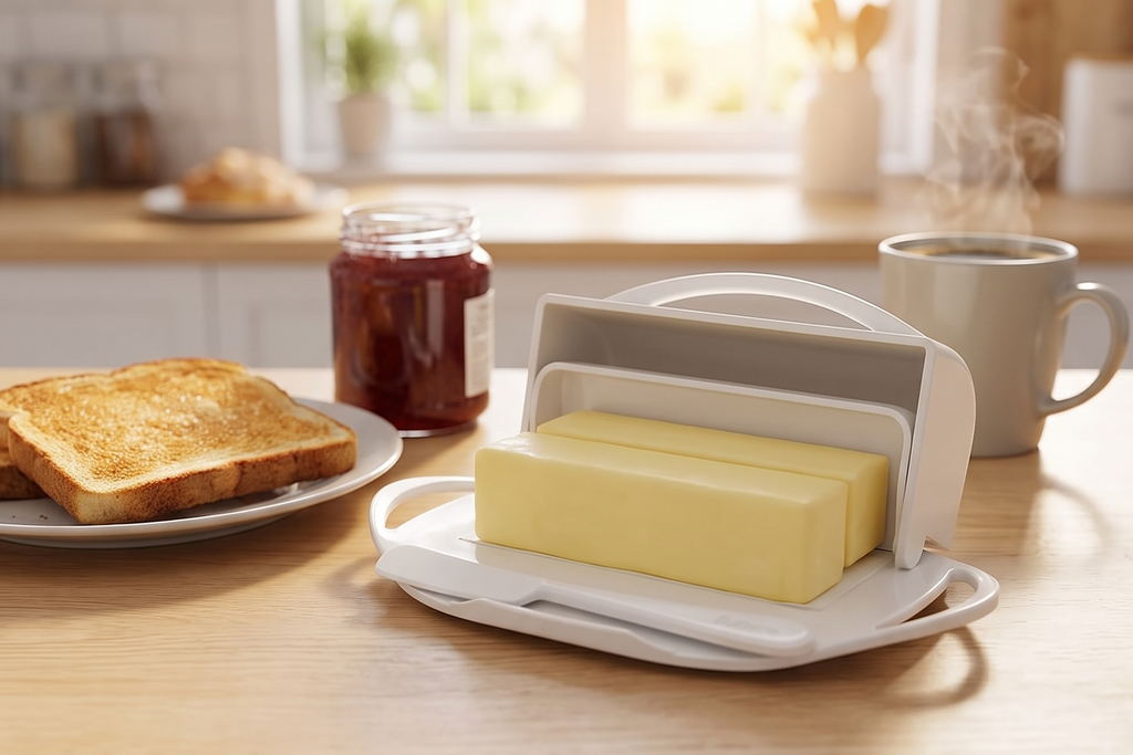 Butterie Flip Top Butter Dish with Attached Lid & Matching Knife - Holds 2 Sticks, Fits Kerrygold/European Butter - BPA Free & Dishwasher Safe - White