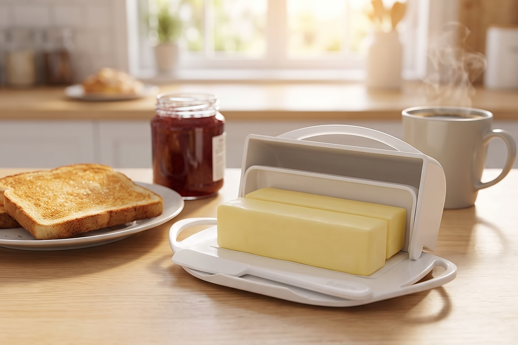 Butterie Flip Top Butter Dish with Attached Lid & Matching Knife - Holds 2 Sticks, Fits Kerrygold/European Butter - BPA Free & Dishwasher Safe - White