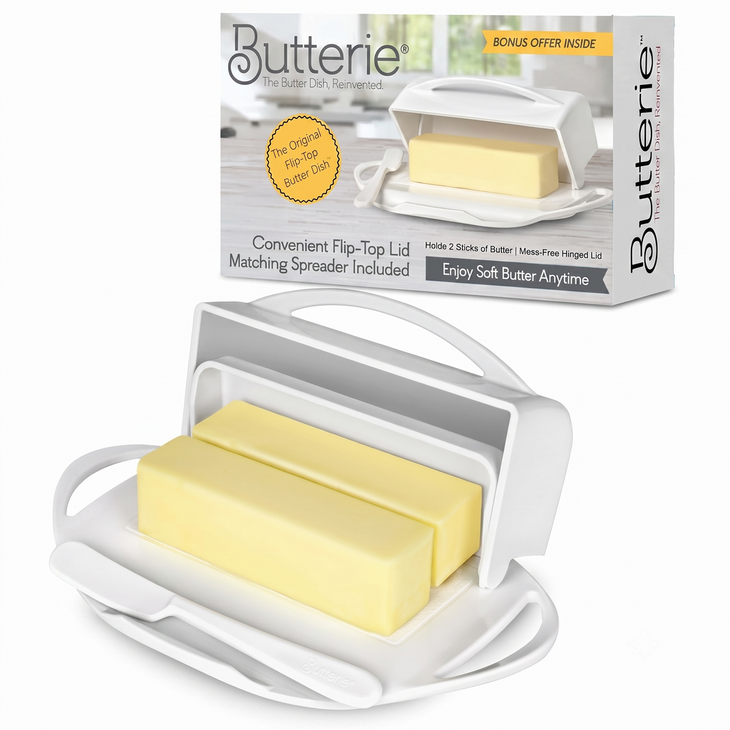 Butterie Flip Top Butter Dish with Attached Lid & Matching Knife - Holds 2 Sticks, Fits Kerrygold/European Butter - BPA Free & Dishwasher Safe - White
