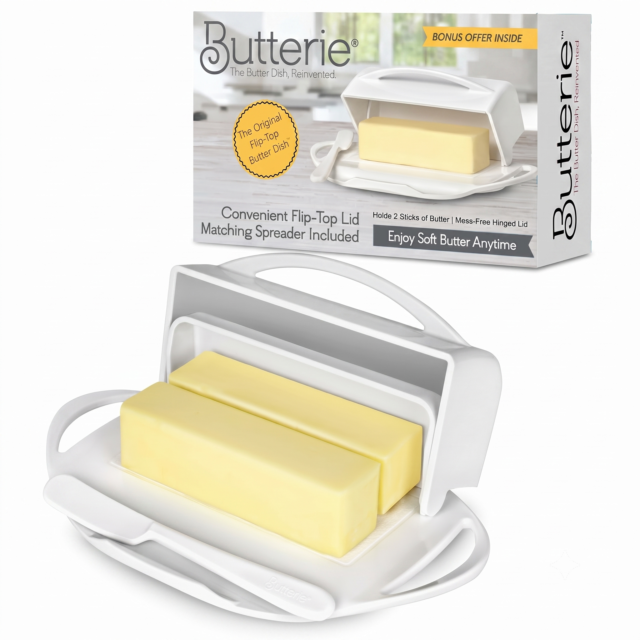 Butterie Flip Top Butter Dish with Attached Lid & Matching Knife - Holds 2 Sticks, Fits Kerrygold/European Butter - BPA Free & Dishwasher Safe - White