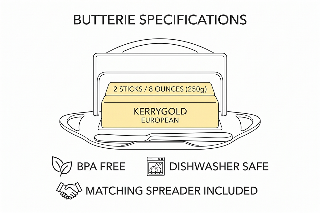 Butterie Flip Top Butter Dish with Attached Lid & Matching Knife - Holds 2 Sticks, Fits Kerrygold/European Butter - BPA Free & Dishwasher Safe - White