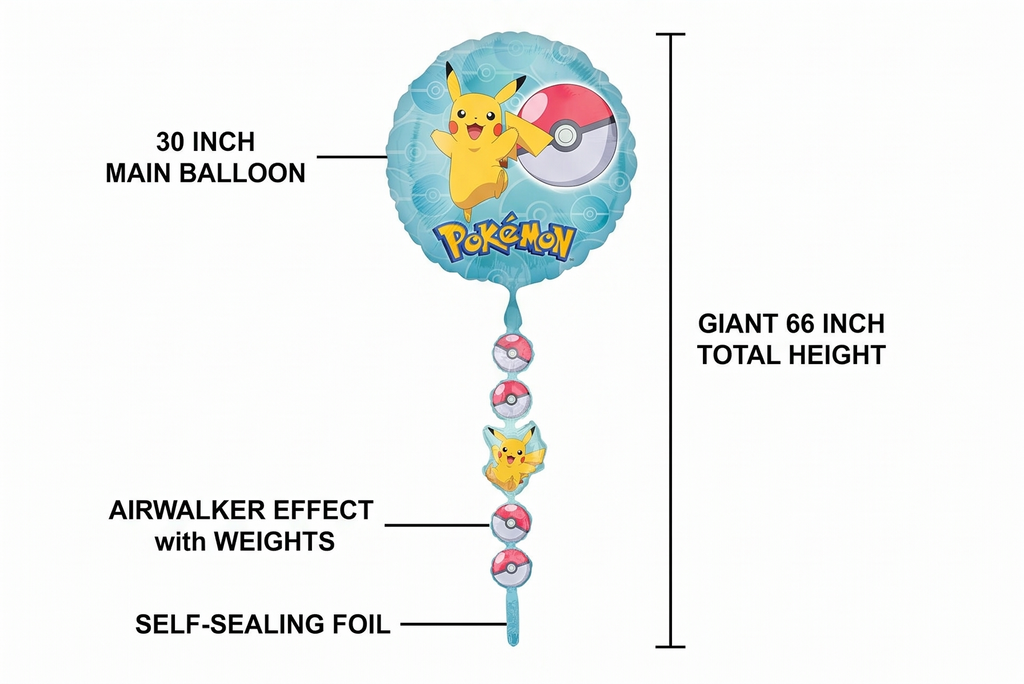 Anagram Pokémon AirWalker Foil Balloon - Giant 66 Inch Walking Balloon featuring Pikachu – Perfect Decoration for Kids’ Birthdays and Theme Parties