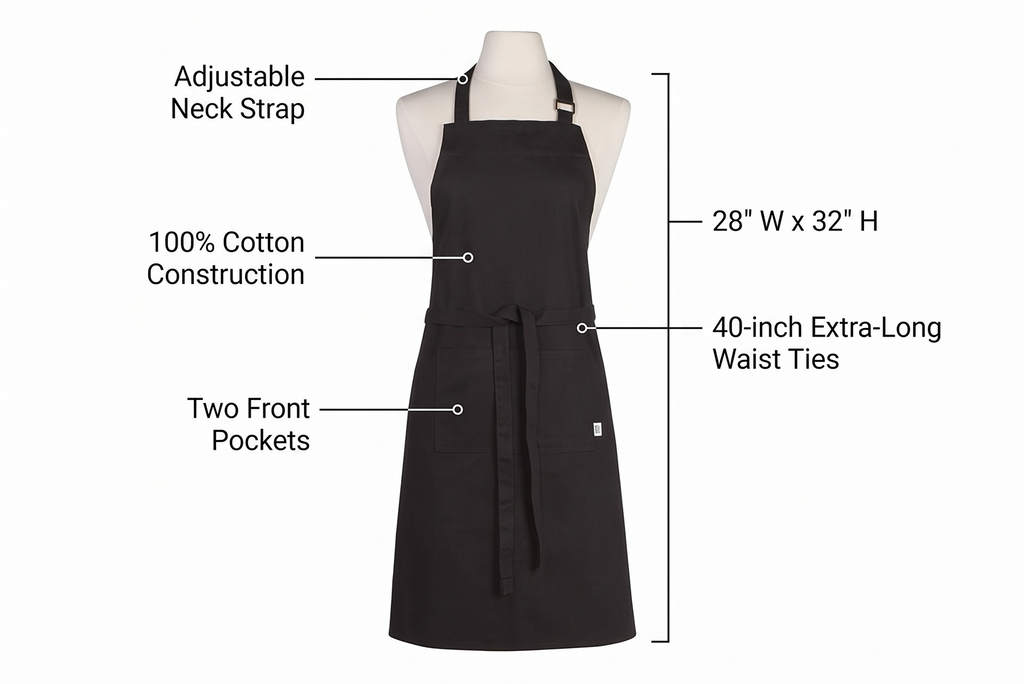 Now Designs Cotton Chef's Kitchen Apron, Solid Black 28 x 32 in