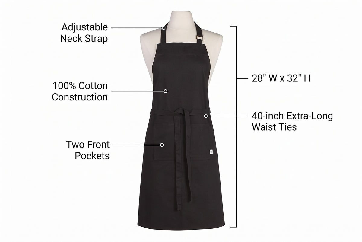 Now Designs Cotton Chef's Kitchen Apron, Solid Black 28 x 32 in