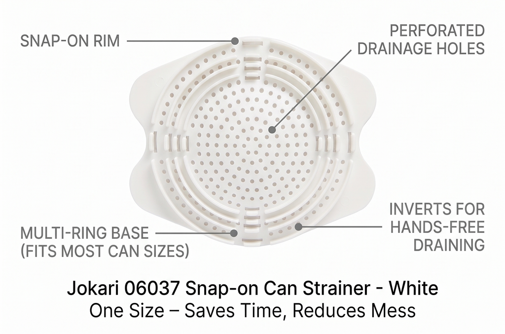 Jokari 06037 Snap-on Can Strainer - White One Size – Saves Time, Reduces Mess, Fits Most Can Sizes